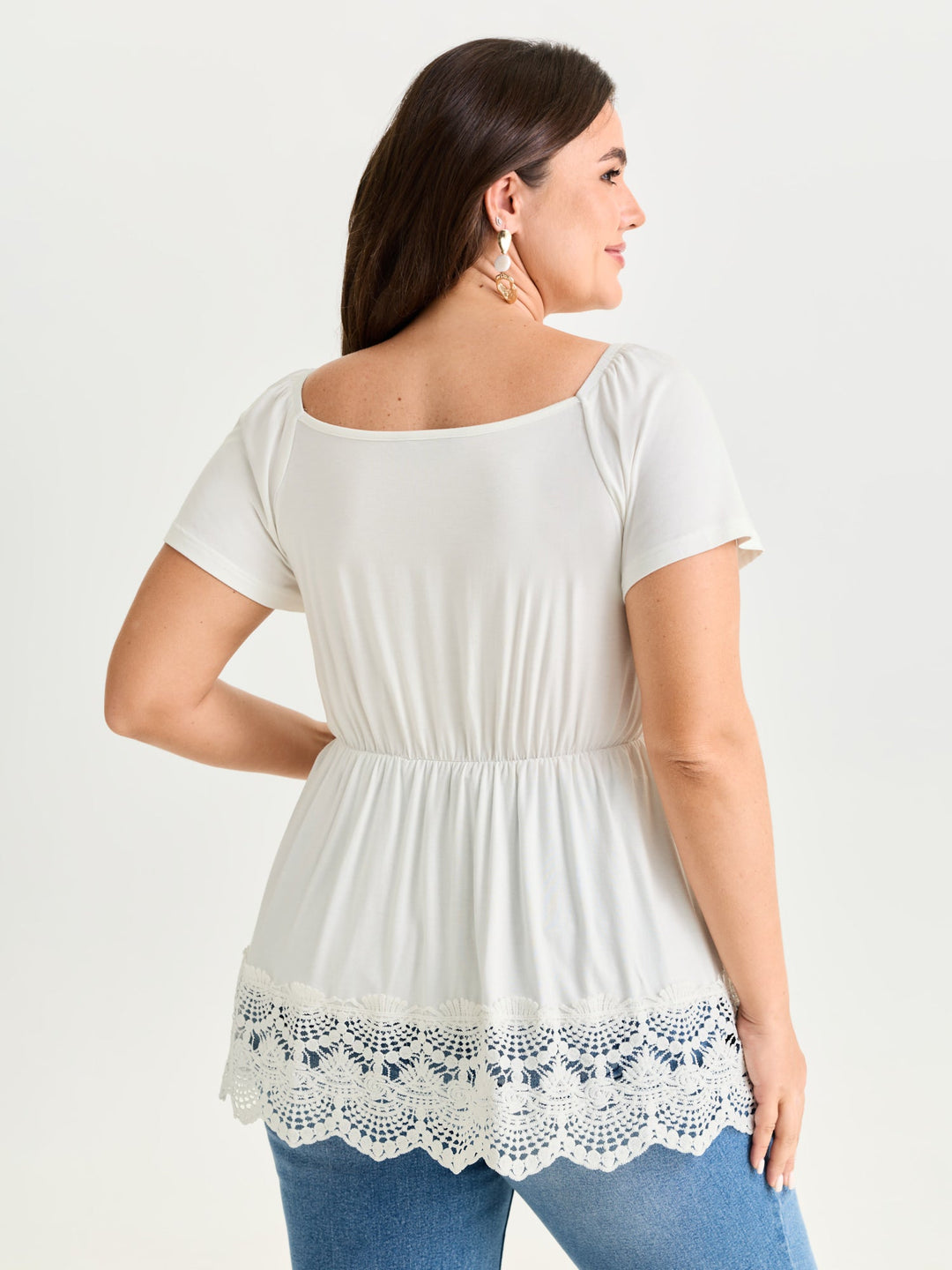 Lace Trim Flared Sleeve Ruched-Front Knit Top