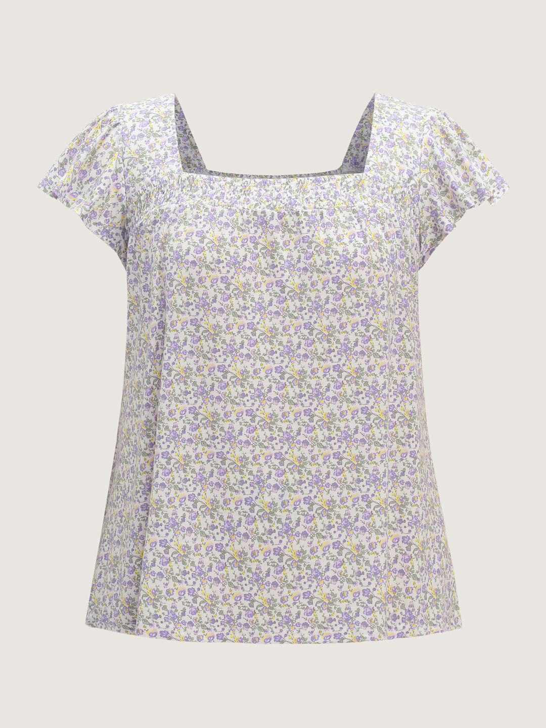 Micro Floral Print Shirred Neckline Knit Top