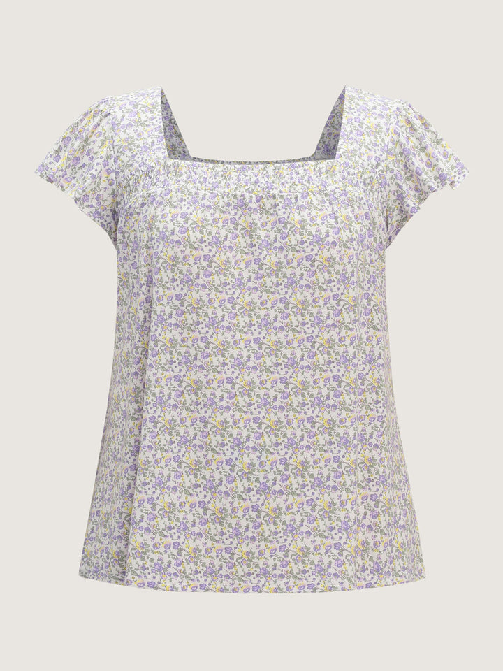 Micro Floral Print Shirred Neckline Knit Top