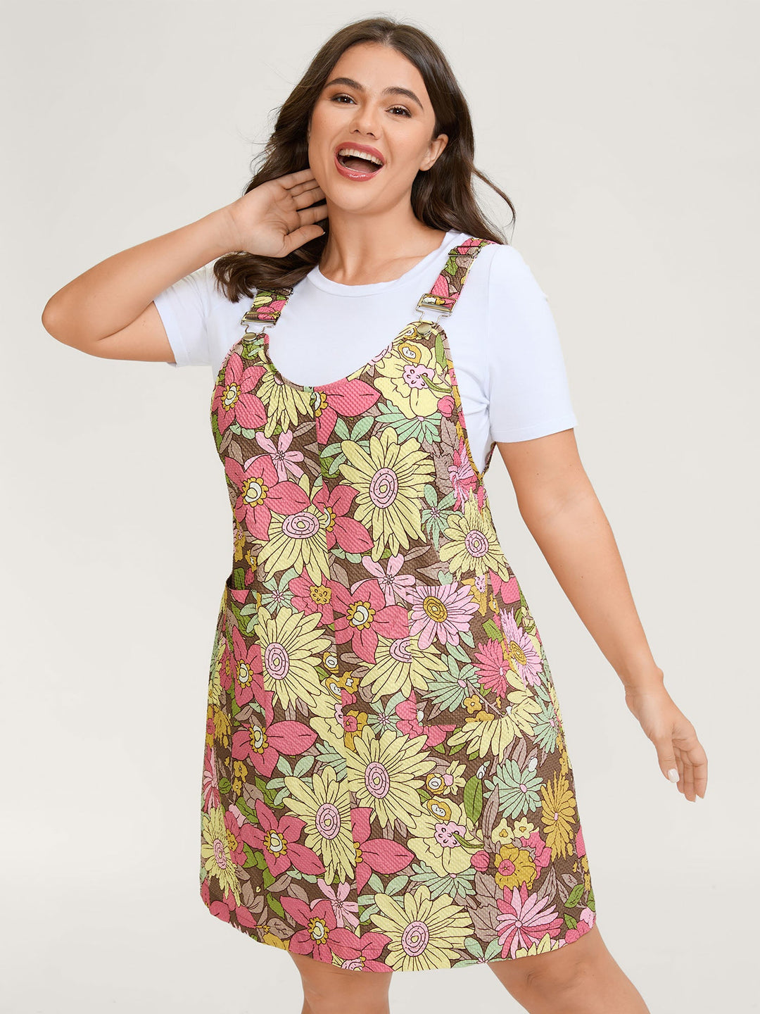 Floral Print Textured Overall Straps Dress