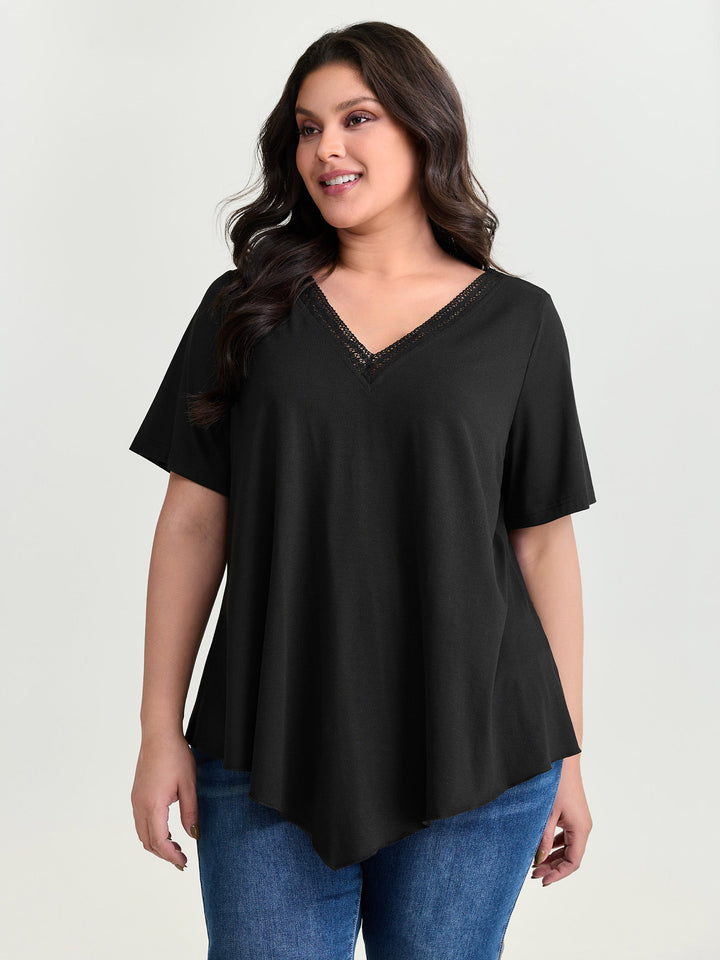 Supersoft Stretchy Draped Lace Trim Plain T-Shirt