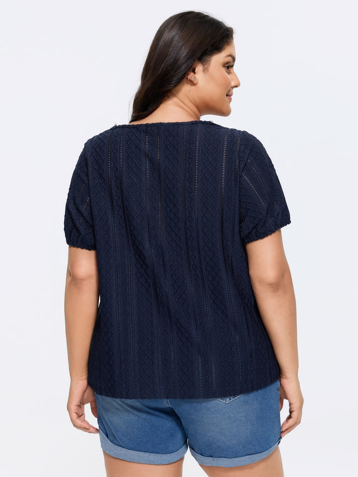 Eyelet Trim Floral Embroidered Solid T-Shirt