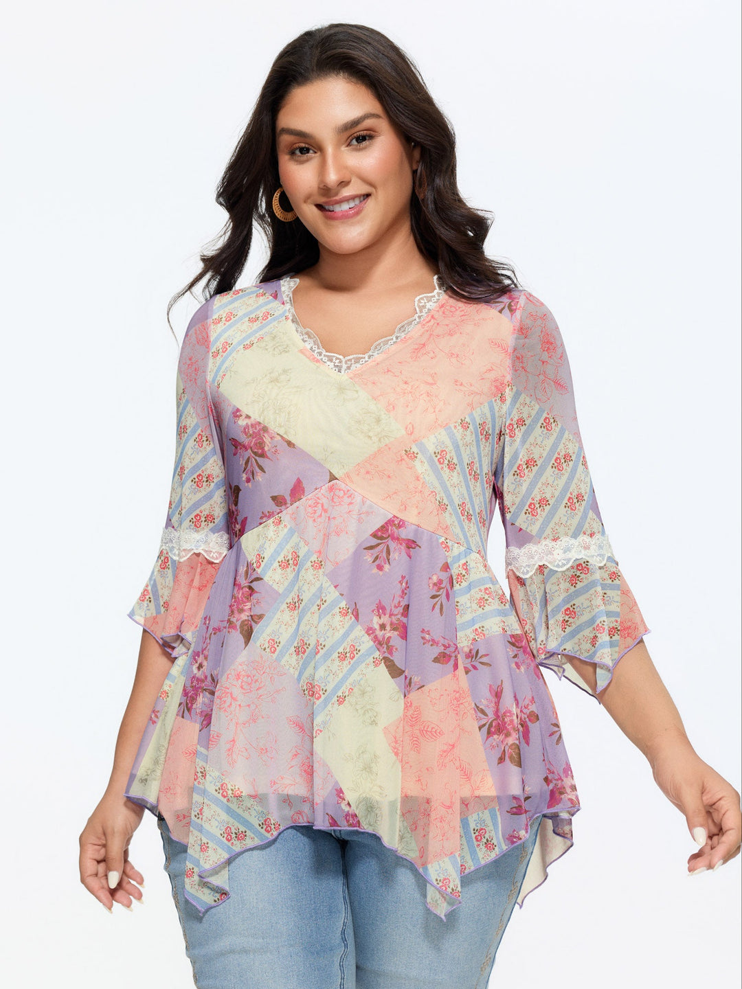 Floral Print Lace Asymmetrical Hem Blouse