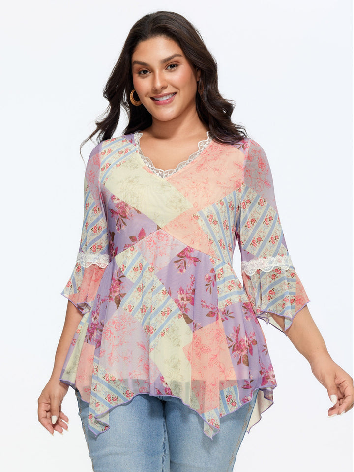 Floral Print Lace Asymmetrical Hem Blouse