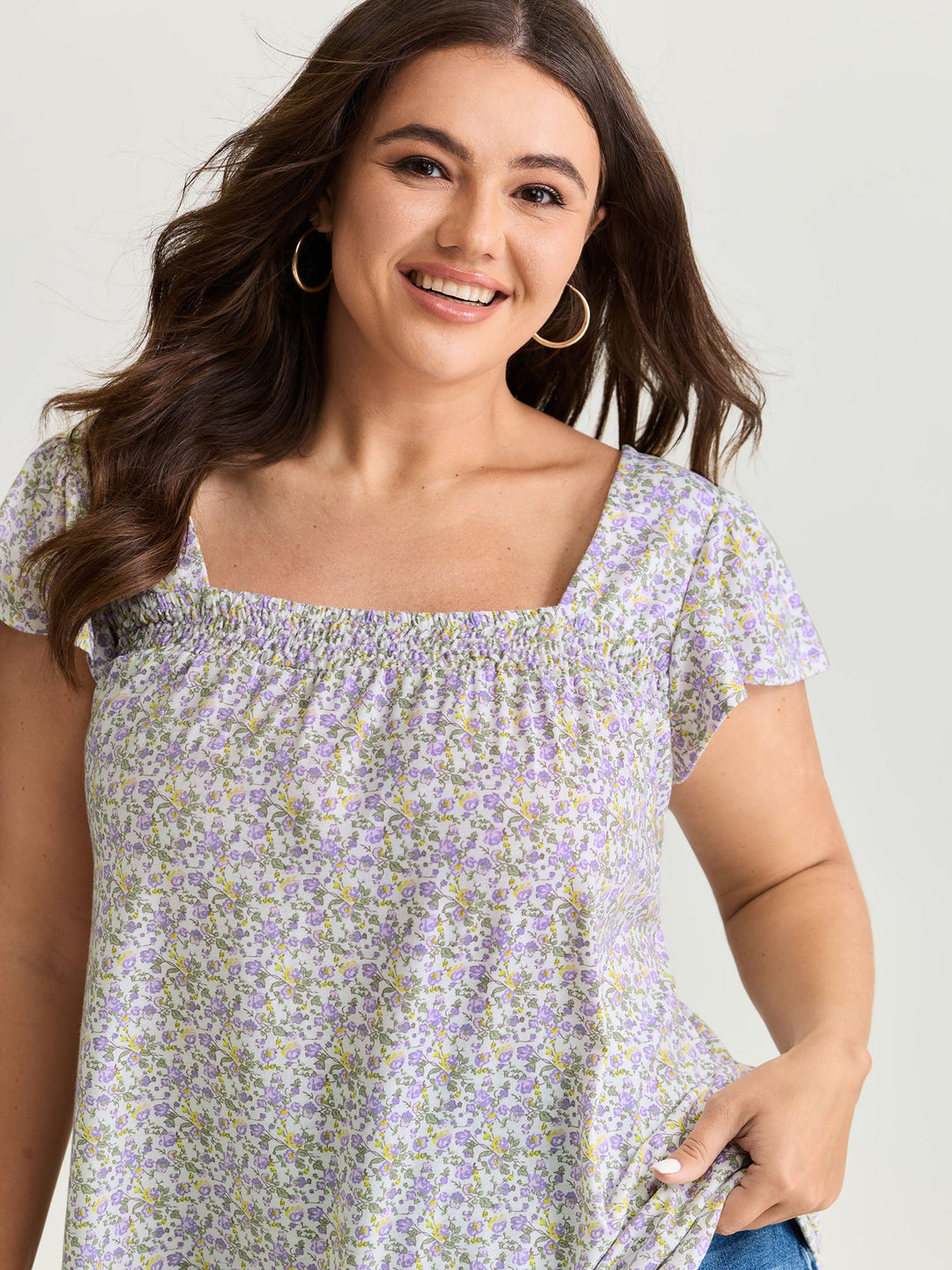 Micro Floral Print Shirred Neckline Knit Top