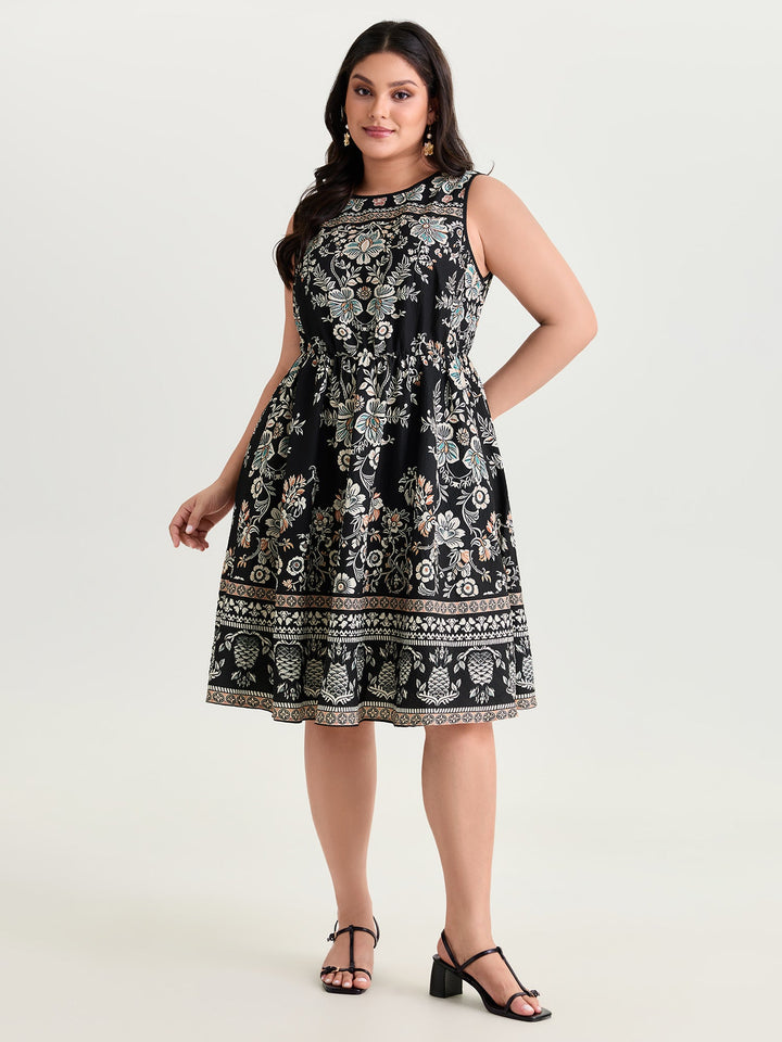 Boho Print Round Neck A-Line Mini Dress