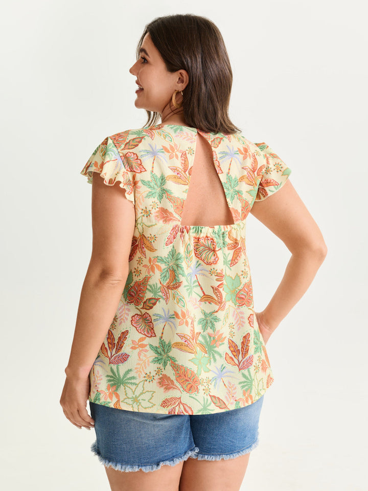 Bright Floral Texture Open-Back Blouse
