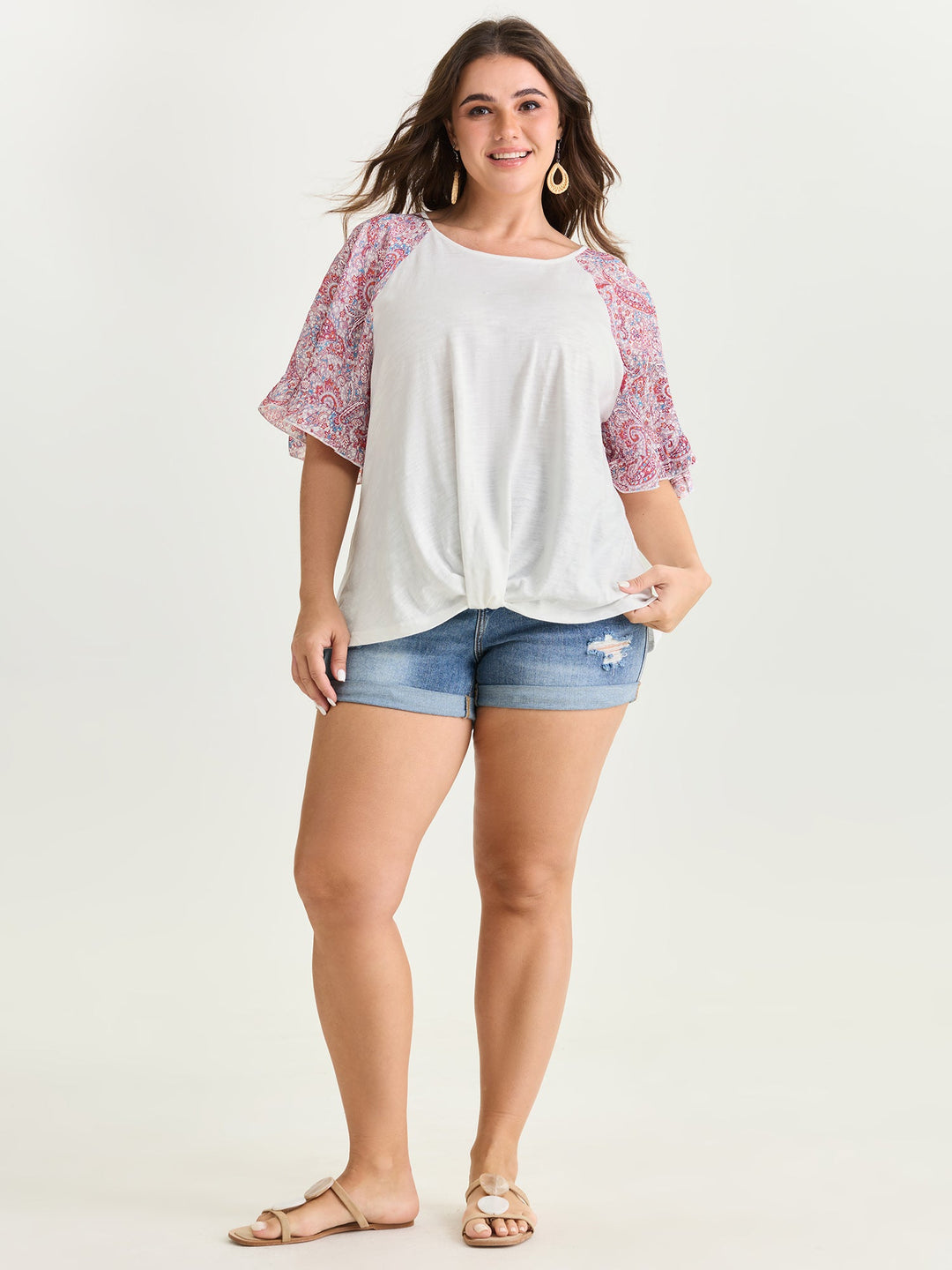 Cotton Floral Print Color Contrast Flared Sleeve T-Shirt