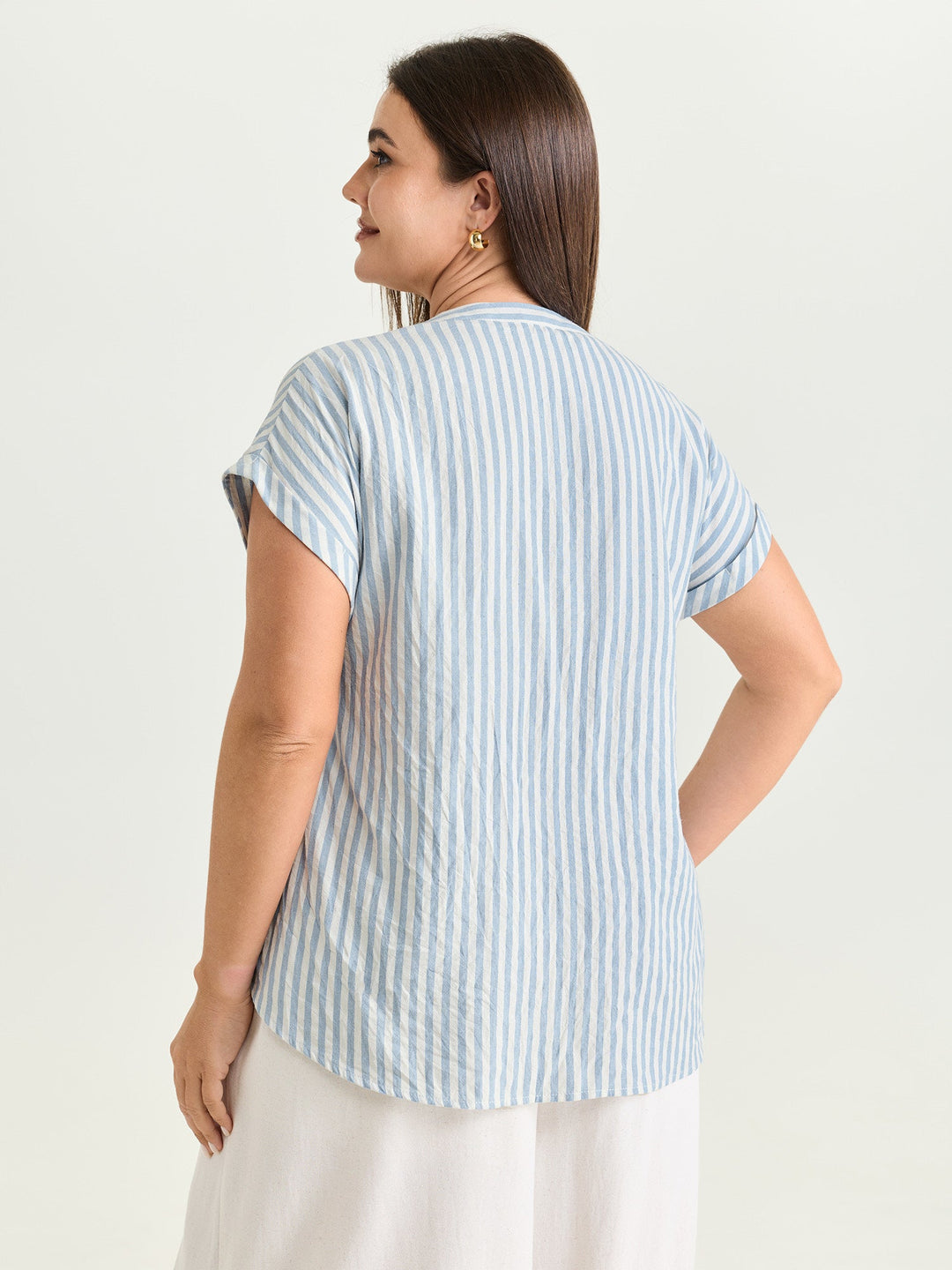 Cotton Striped Print Pockets Curvy Fit Blouse