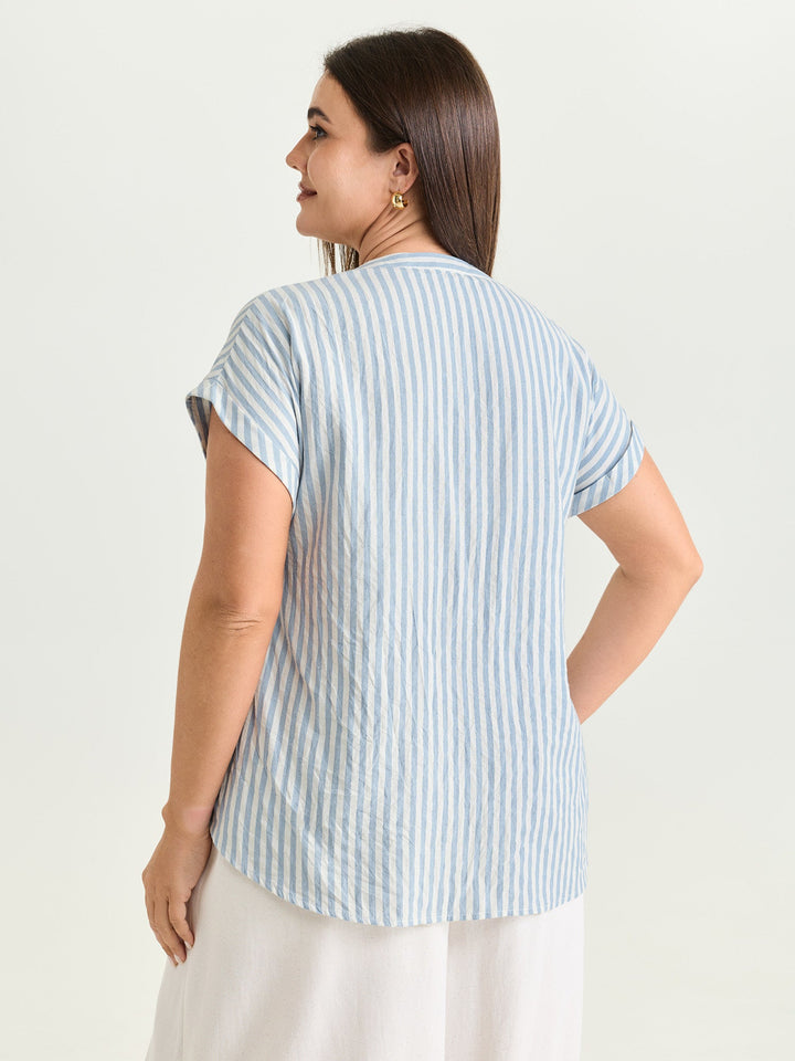 Cotton Striped Print Pockets Curvy Fit Blouse