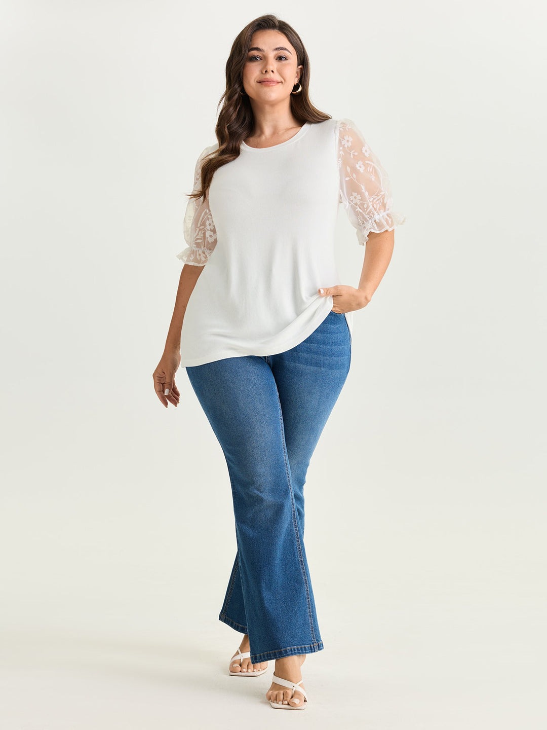 Sheer Puffy Sleeve Round Neck T-Shirt
