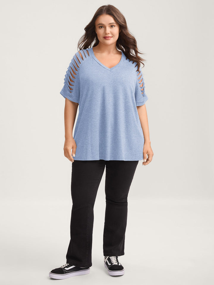 Cut-Out Sleeve V Neck T-Shirt