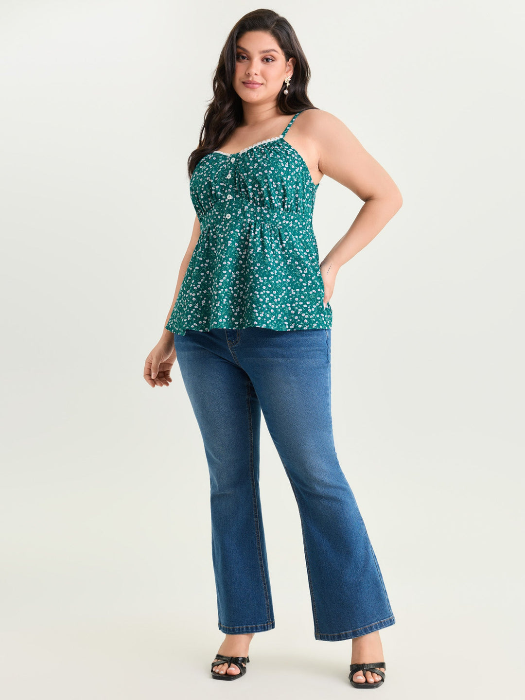 Retro Floral Print Lace Trim Tank Top