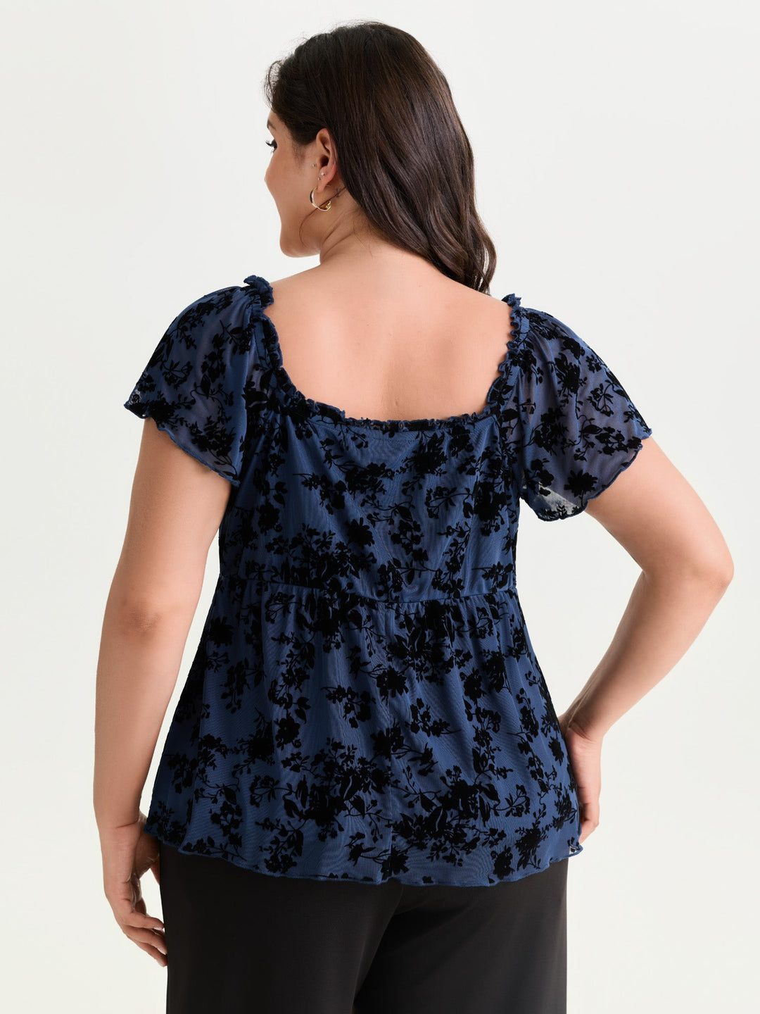 Flocked Floral Drawstring Neckline Knit Top
