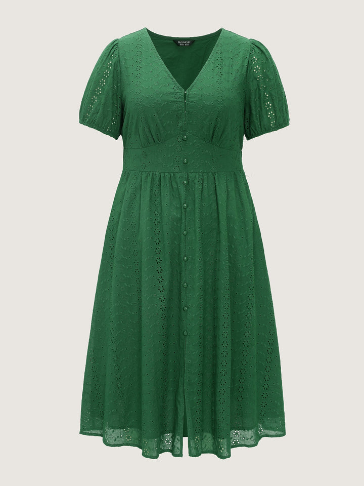 Cotton Eyelet Trim Cinched-Waist Midi Dress