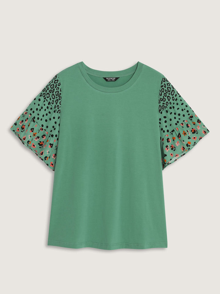 Supersoft Round Neck Color Block Floral Sleeve T-Shirt