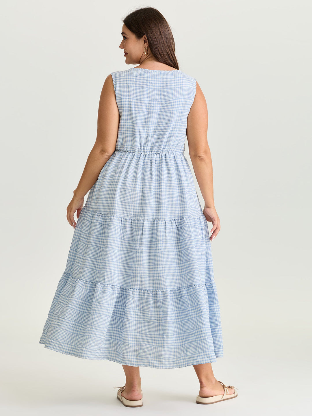 Check Pattern Shirred Bodice Midi Dress