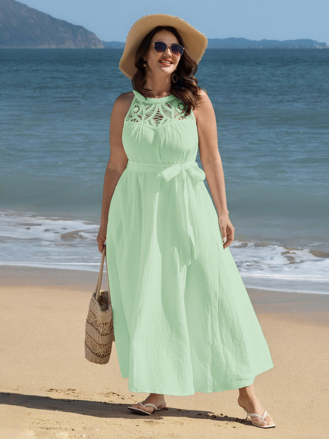 Cotton Sheer Lace Neckline Waist-Tie Maxi Dress