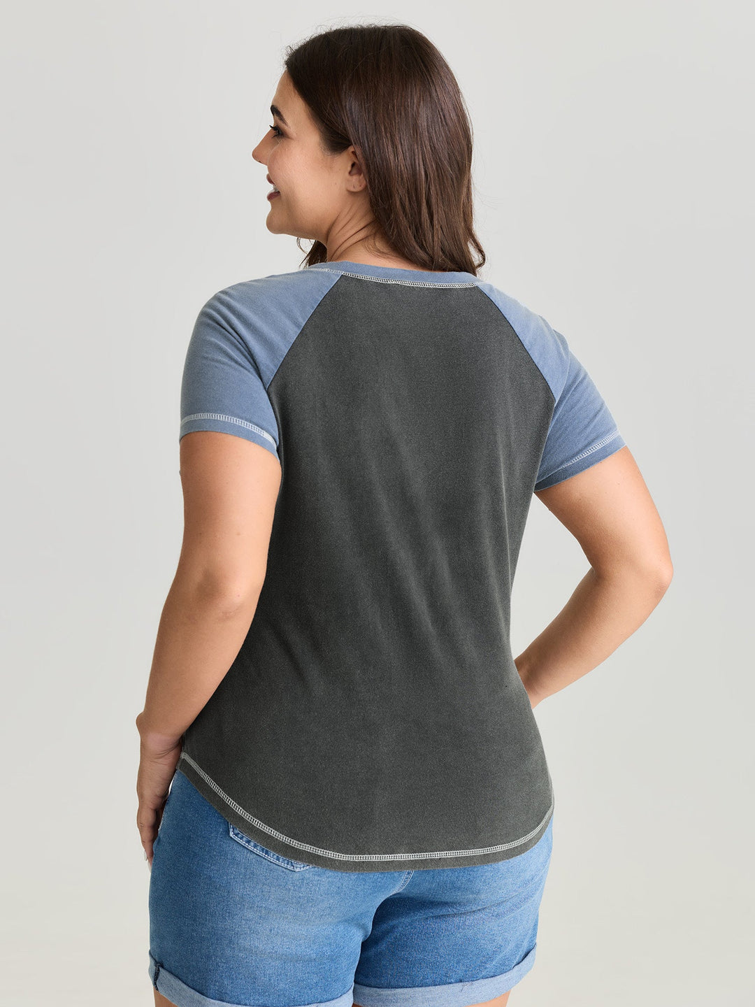 Cotton Stretchy Color Contrast Curvy Hem T-Shirt