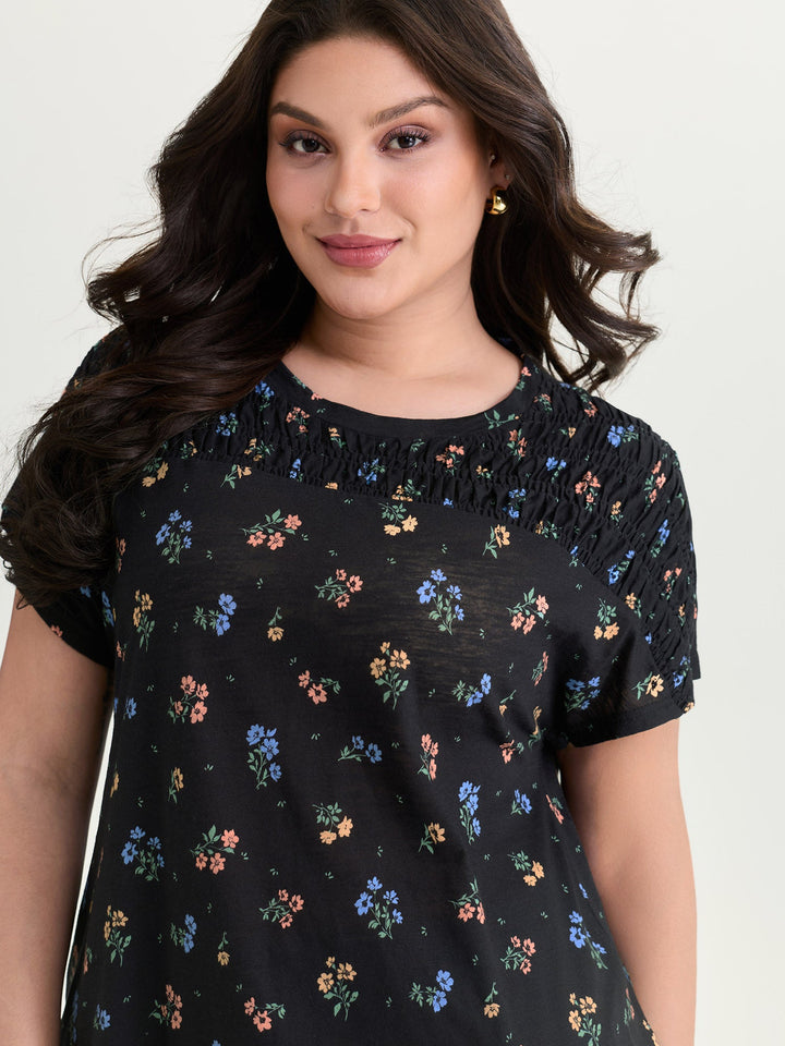 Cotton Floral Print Shirred Half-Sleeve T-Shirt