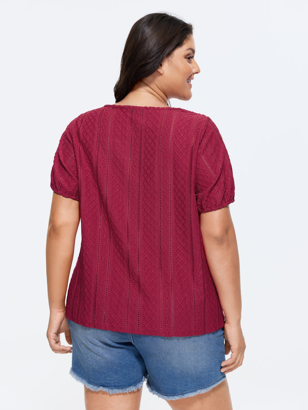 Eyelet Trim Floral Embroidered Solid T-Shirt