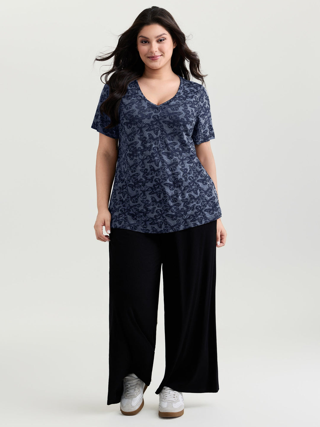 Textured Butterfly Pattern V-Neck T-Shirt