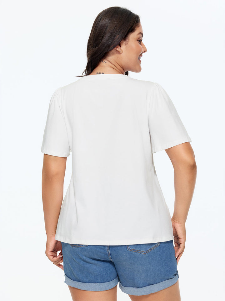 Cotton Toothpick Pleated Plain Flared Sleeve T-Shirt