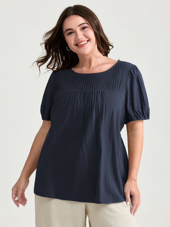 Pure Cotton Pleated Puffy Sleeve Blouse