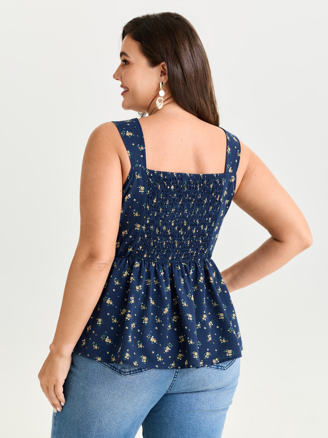 Floral Print Shirred Cinched-Waist Tank Top
