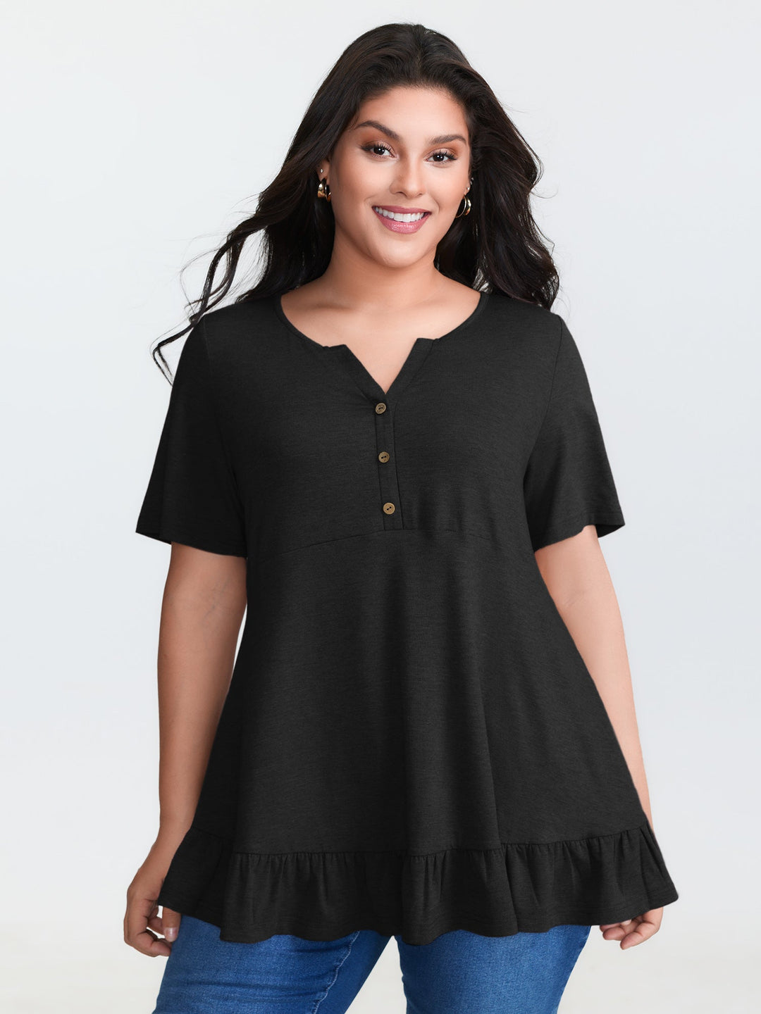 Supersoft Stretchy Ruffled Hemline Button T-Shirt
