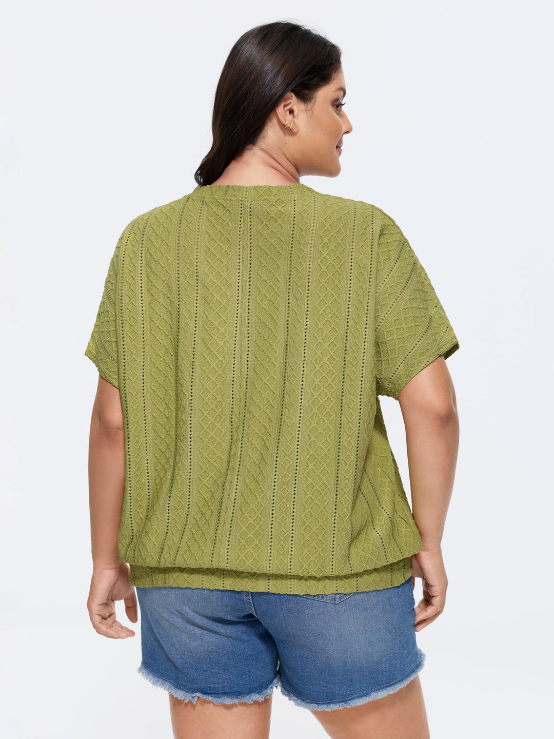 Eyelet Trim Stretchy Textured Plain Top