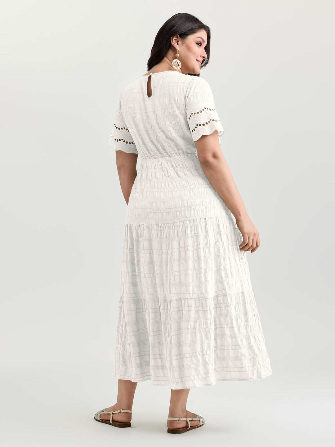 Shirred Lace Flounce Sleeve Tiered Maxi Dress