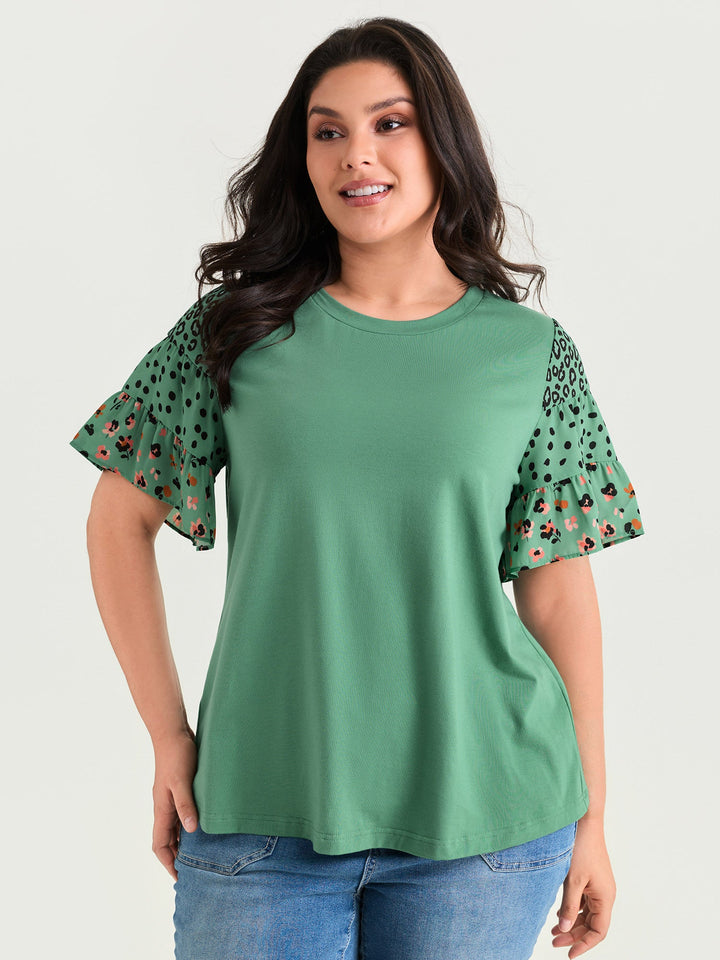 Supersoft Round Neck Color Block Floral Sleeve T-Shirt