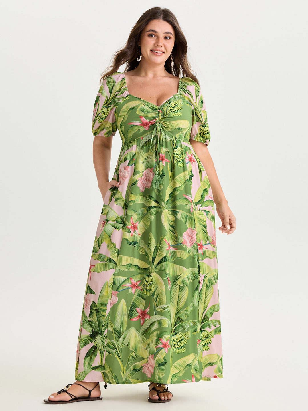 Supersoft Tropical Floral Print Ruched Bodice Maxi Dress