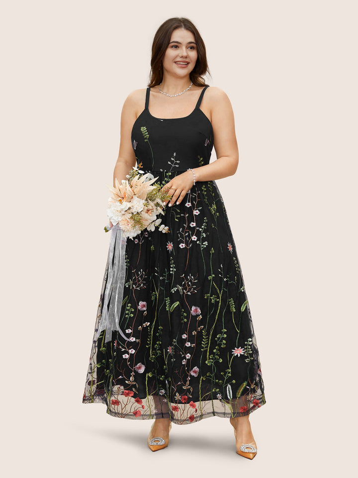 U Neck Floral Embroidered Mesh Cami Dress
