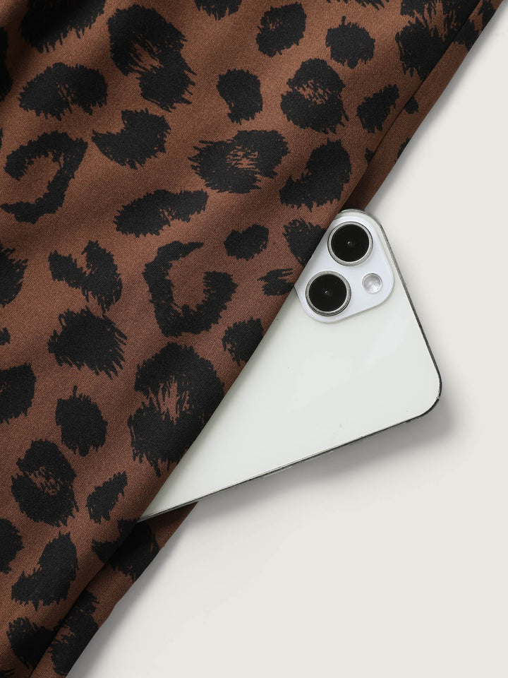 Leopard Print Pockets Shoulder Ties Jumpsuit