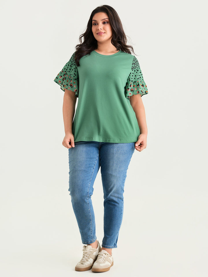 Supersoft Round Neck Color Block Floral Sleeve T-Shirt