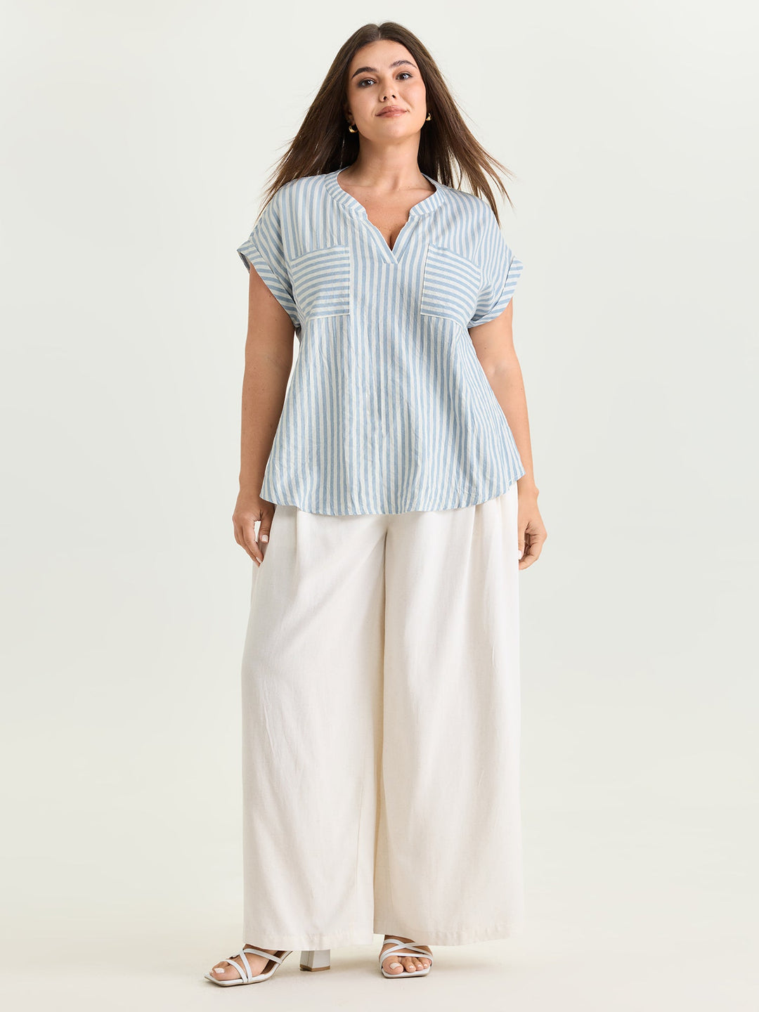 Cotton Striped Print Pockets Curvy Fit Blouse