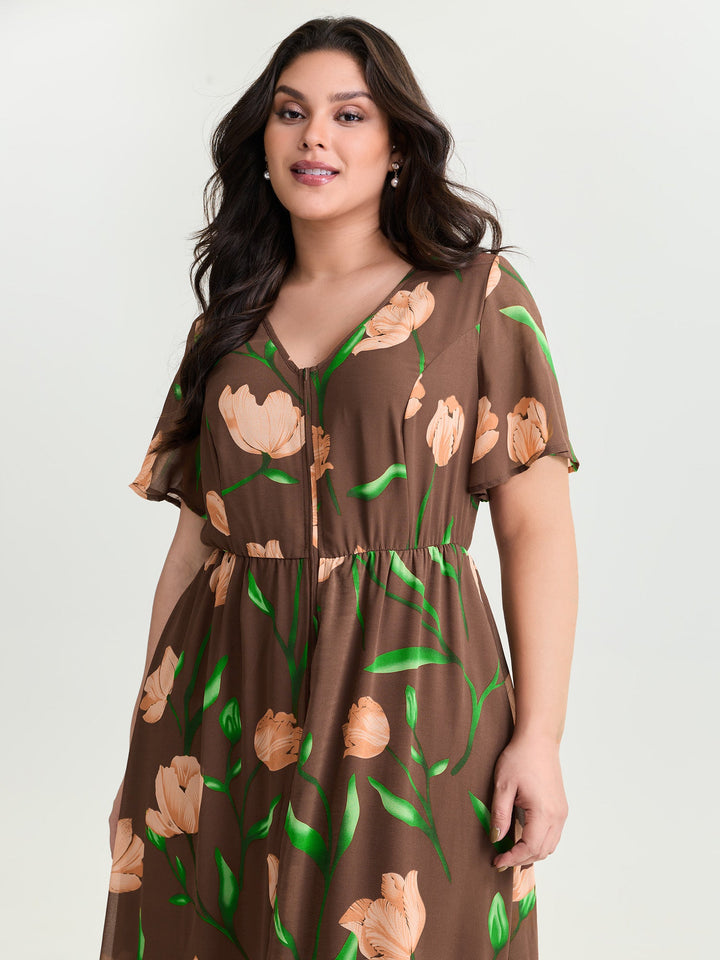 Hidden Zipper Floral Layered Pockets Jumpsuit