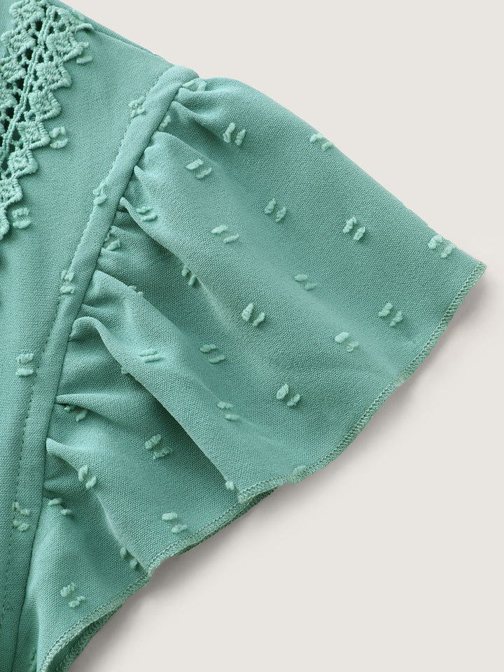Textured Lace Panels Keyhole Neckline Blouse