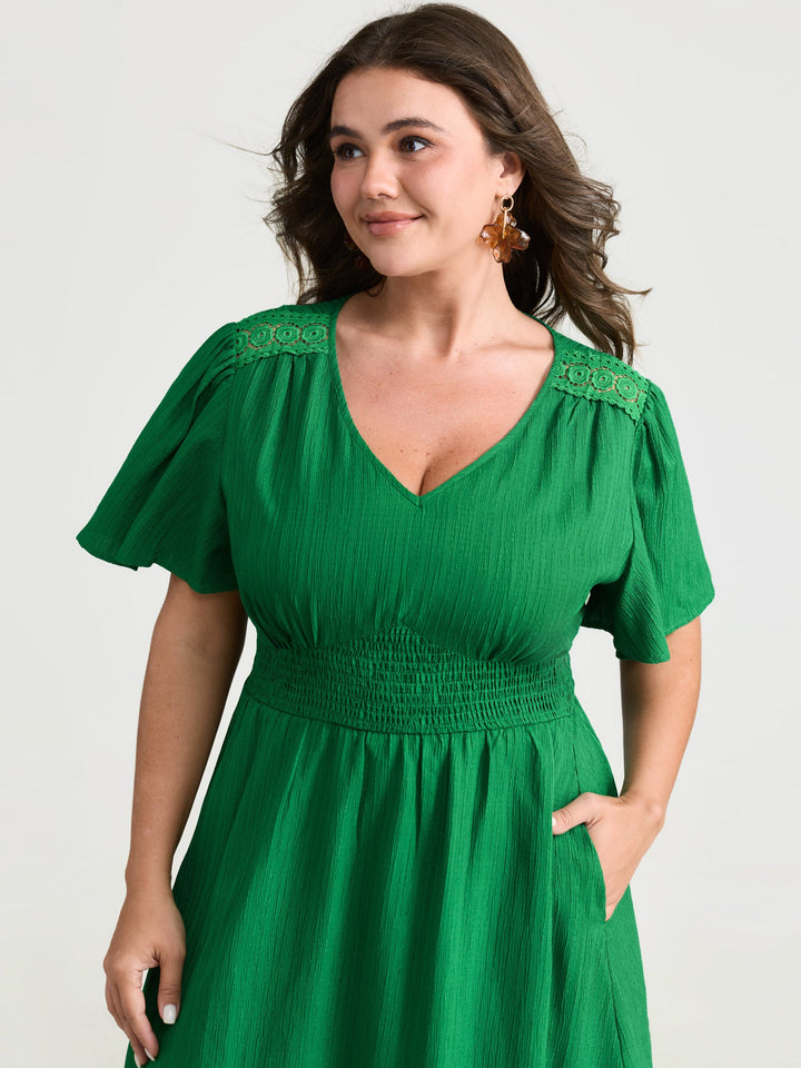 Lace Cut-Out Shirred Solid Maxi Dress