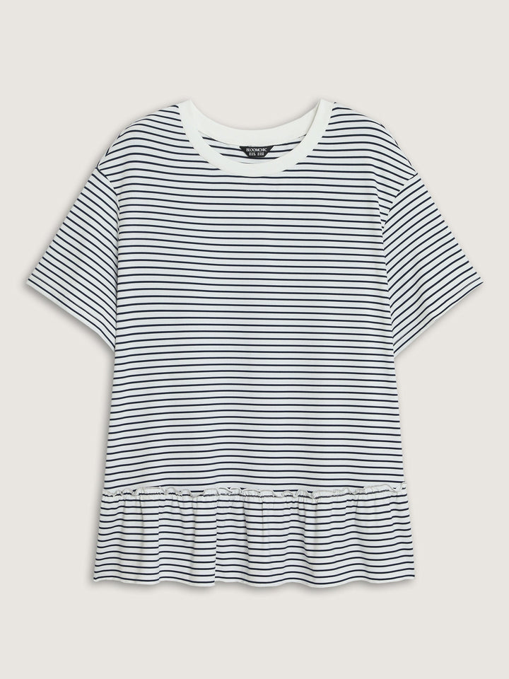 Striped Print Ruffled Hem Long T-Shirt
