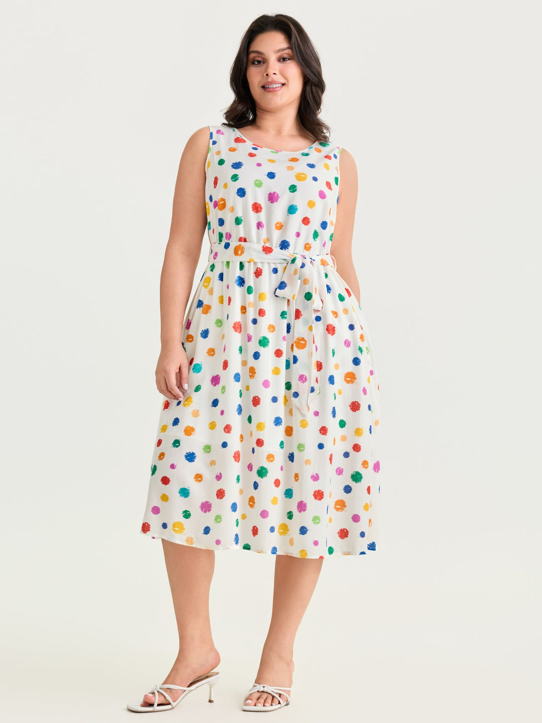 Colorful Polka Dot Waist Tie Midi Dress
