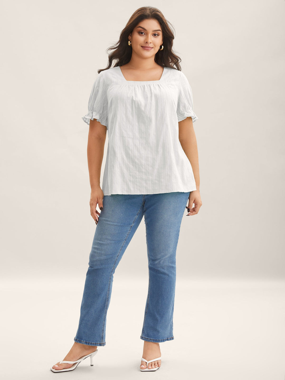 Cotton Square Neck Ruffled Sleeve Shirt