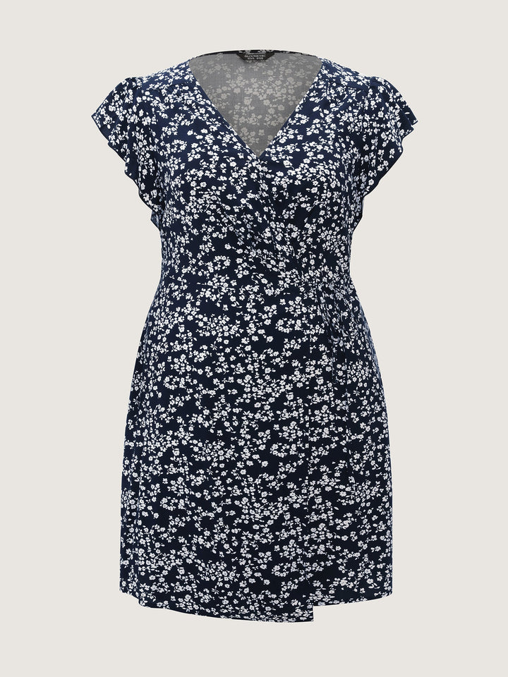 Rayon Floral Print Pleated Pockets Mini Dress