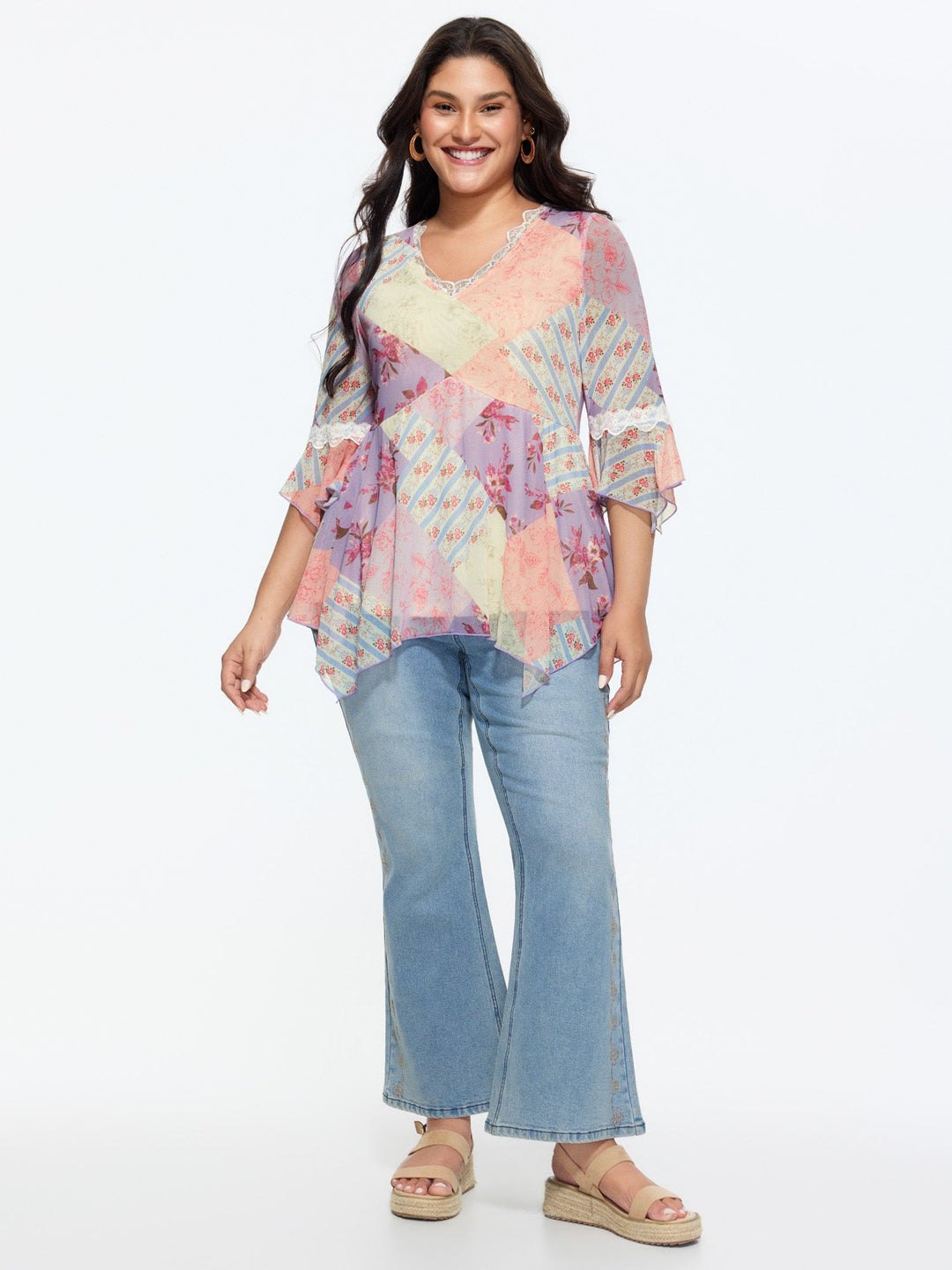 Floral Print Lace Asymmetrical Hem Blouse
