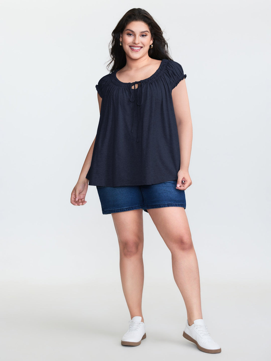 Supersoft Shirred Drawstring Neckline Flowy Top