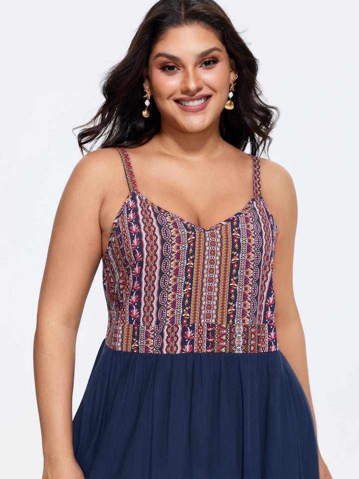 Boho Striped Lace Trim Midi Dress