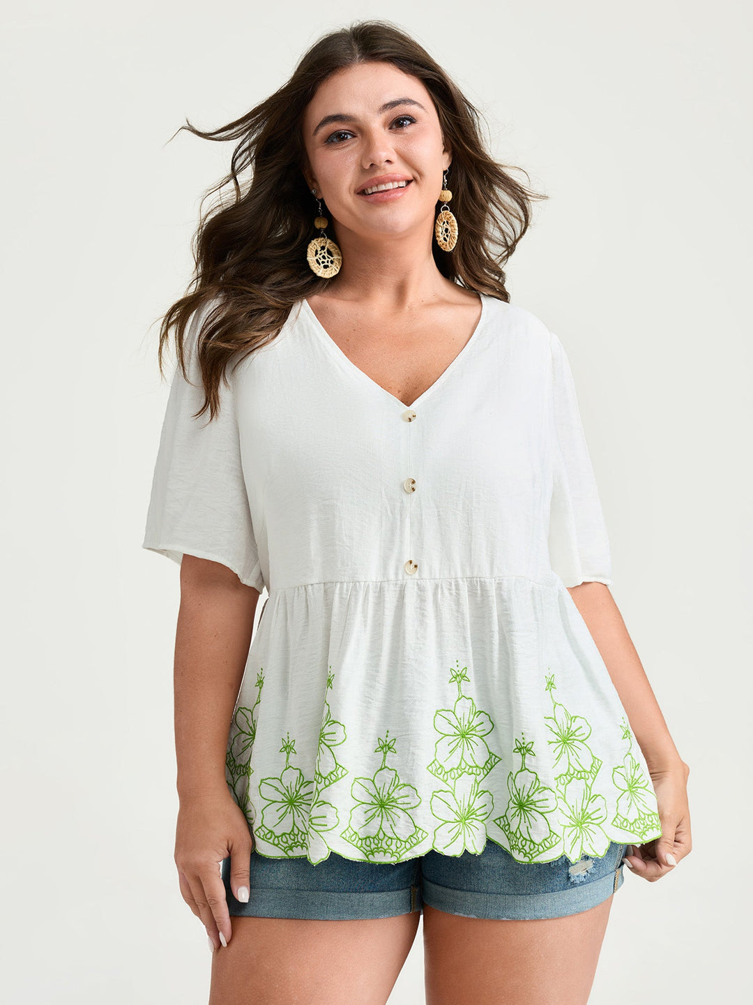 Embroidered Hemline V-Neck Babydoll Blouse