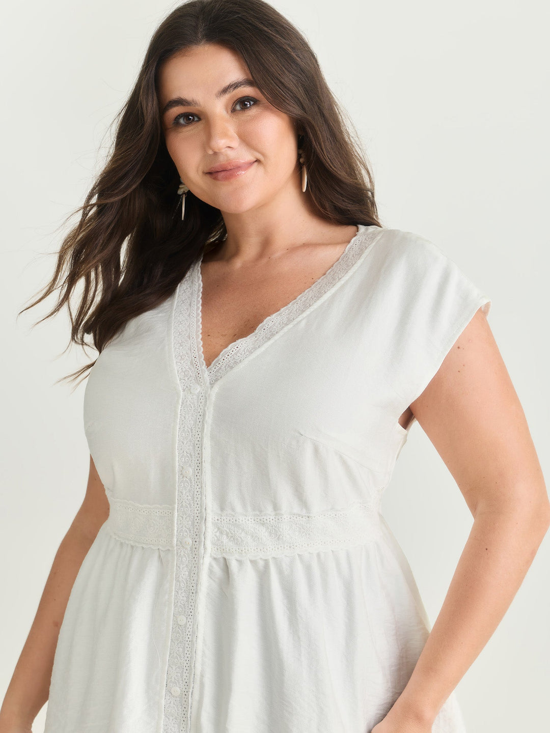 Lace Trim Button Placket Blouse